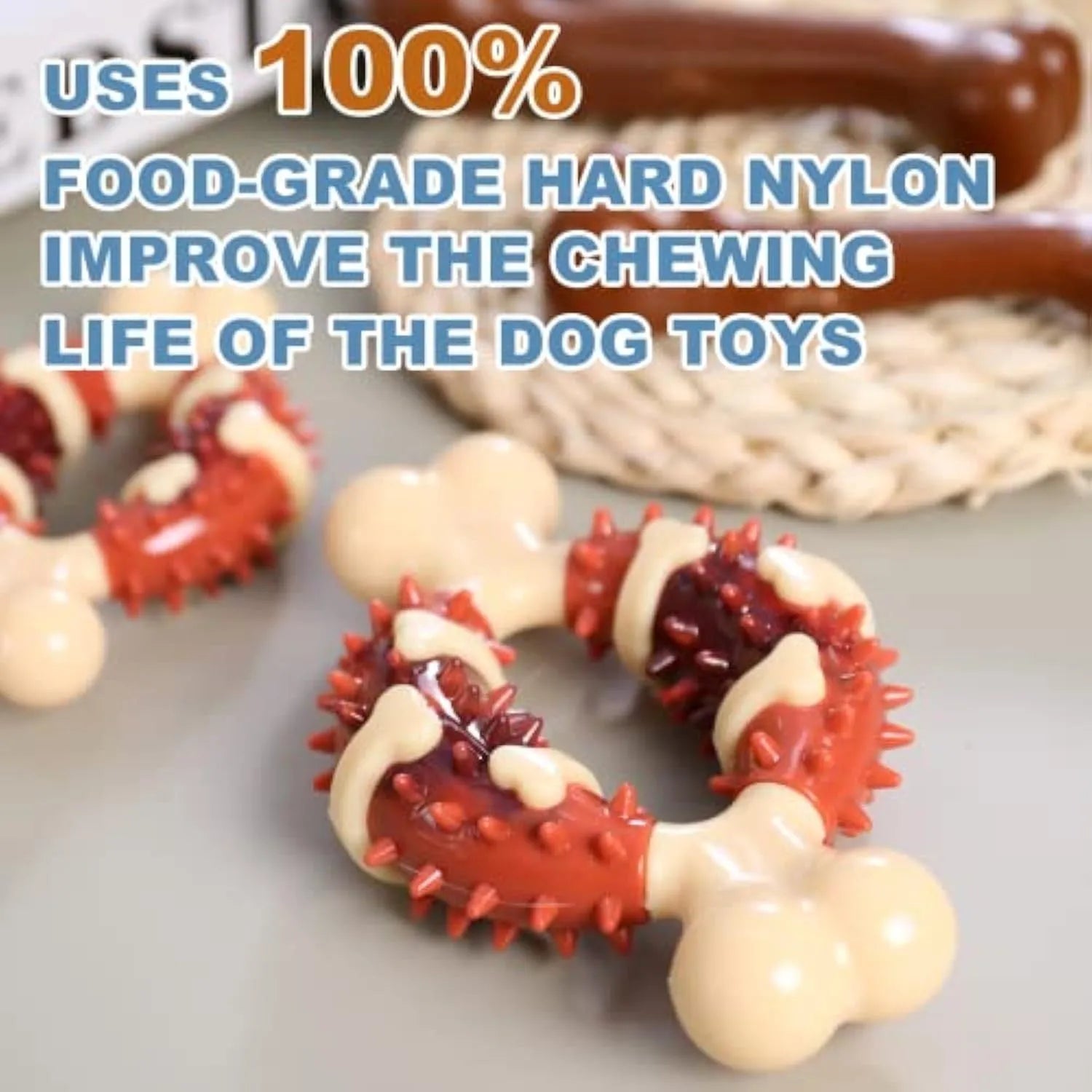 Bone-shaped natural rubber dog molar chew toy for teeth grinding and anxiety relief in two size options