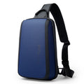 Blue oxford cloth men's chest bag with double shoulder straps and a soft handle.