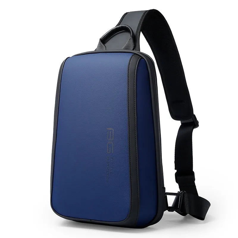 Blue oxford cloth men's chest bag with double shoulder straps and a soft handle.