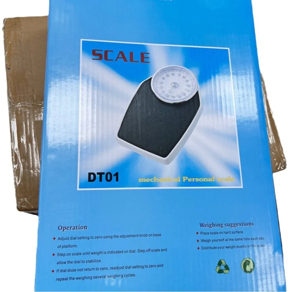 Black mechanical pointer body weight scale with large dial on a simple platform.
