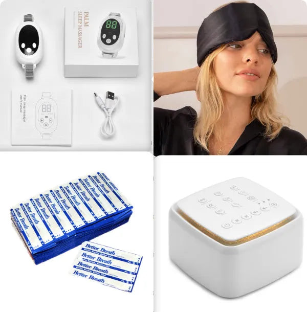 White handheld sleep aid remote control with digital display, charging cable, and wearable sleep bracelet on a flat surface.