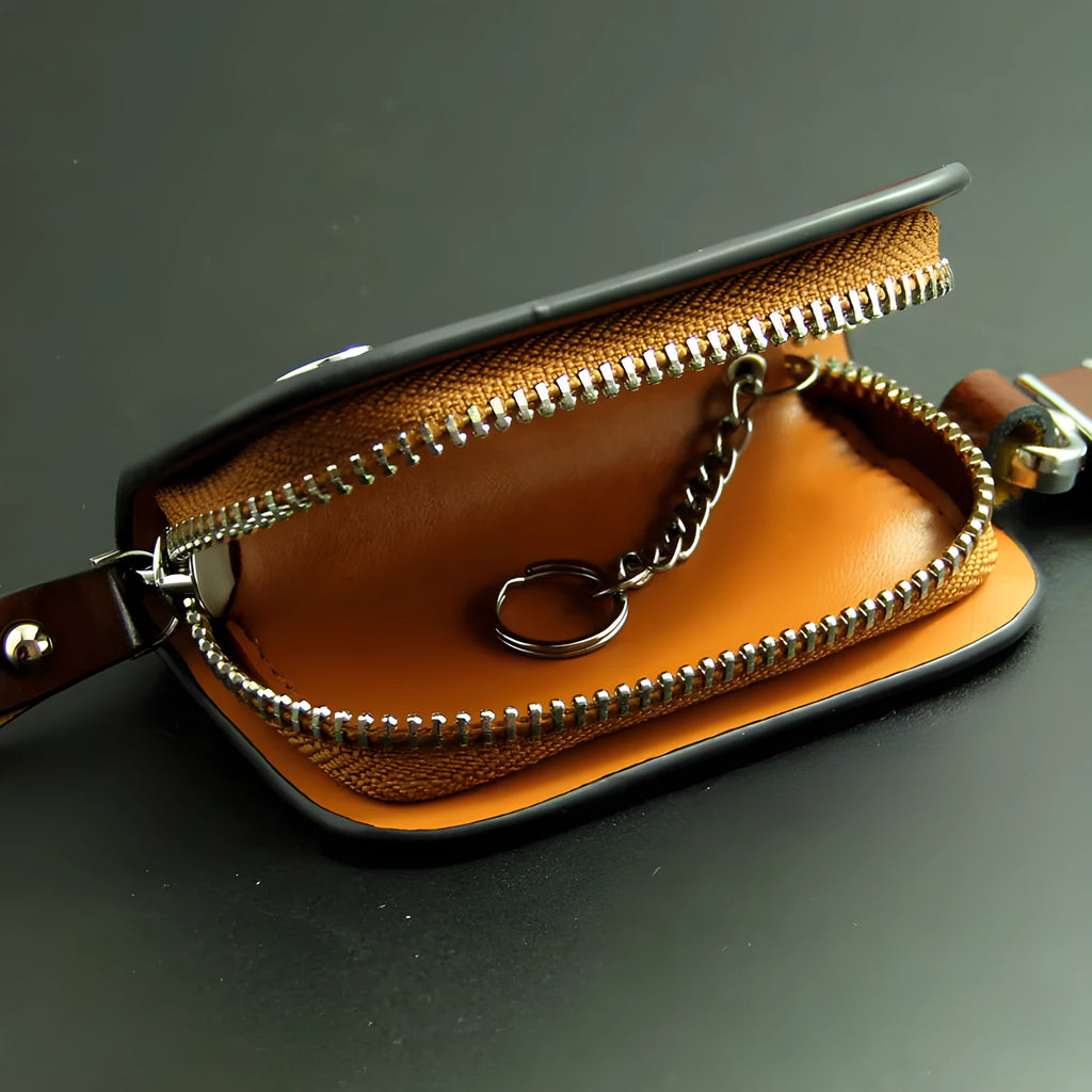 Black frosted genuine leather car key case showing inner compartment dimensions