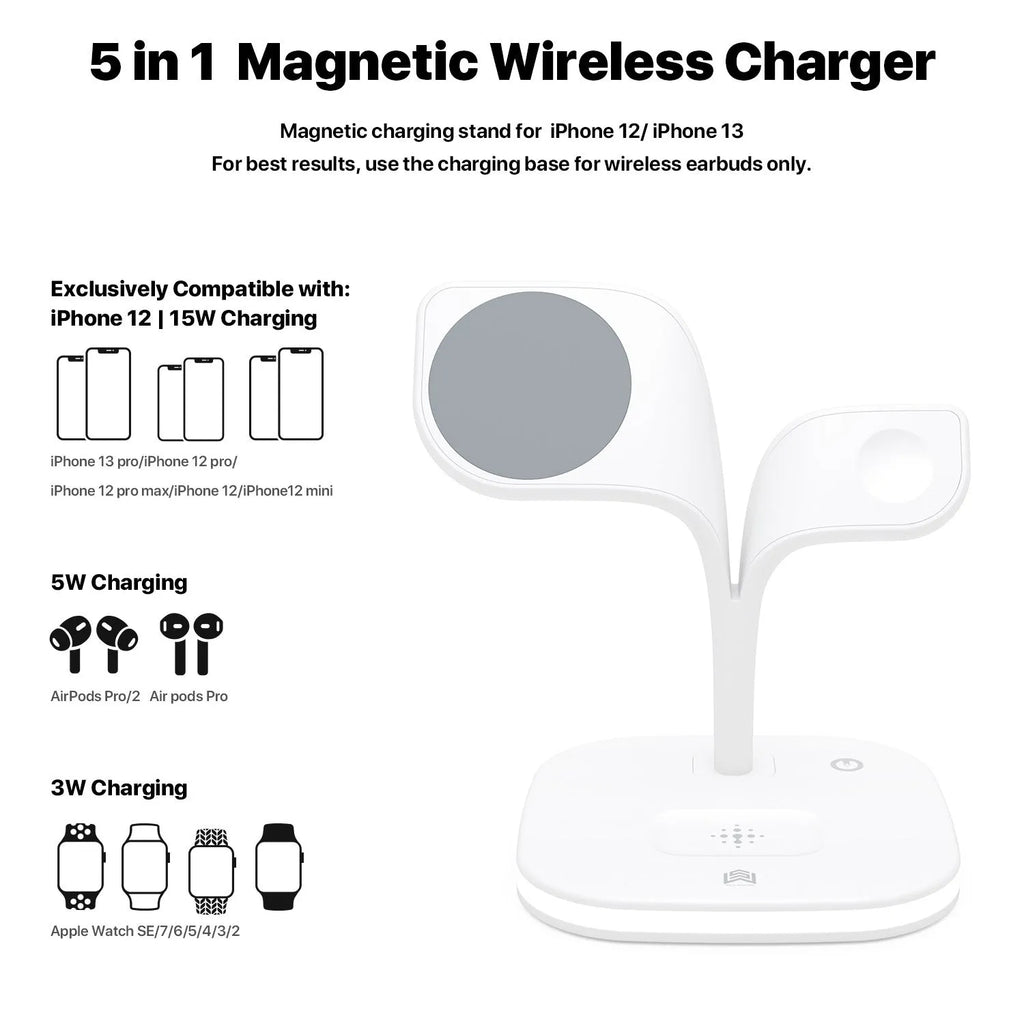 Three-device wireless charging station for phone, watch and headphones on desktop