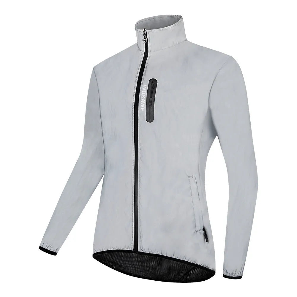Silver waterproof polyester windproof long sleeved jacket showing front view
