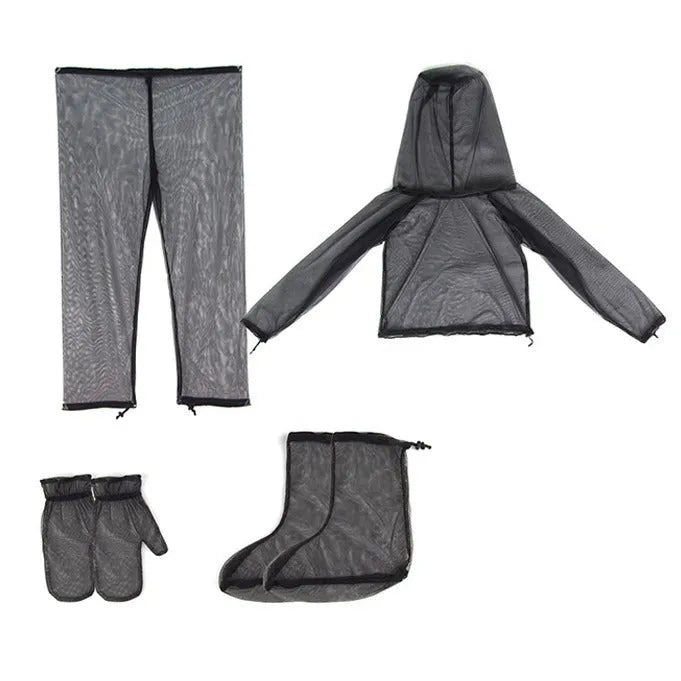 Four-piece anti-mosquito suit set showing hooded top, pants and booties in breathable mesh fabric