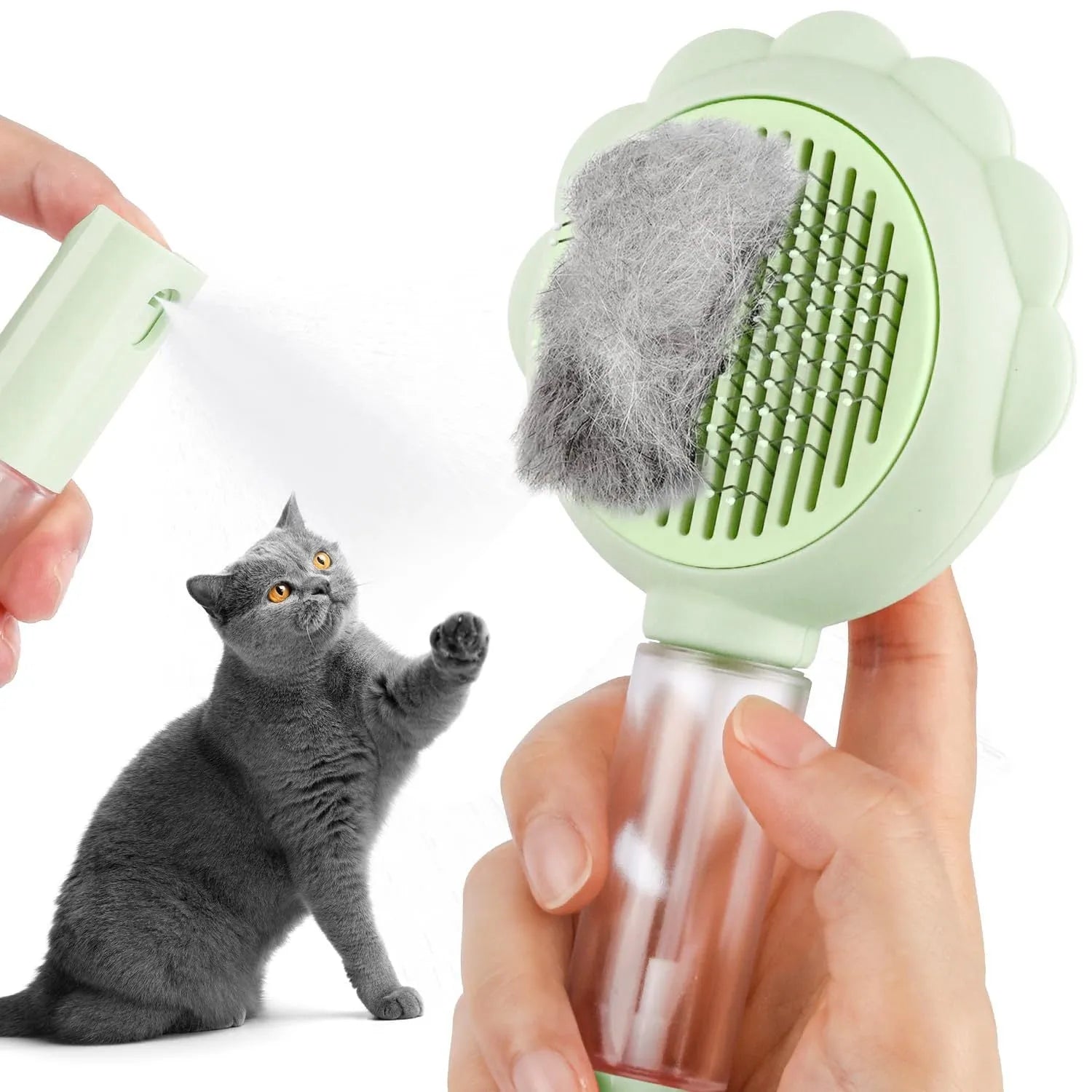 Grey spray cat grooming brush with self-cleaning button and stainless steel bristles on a white background