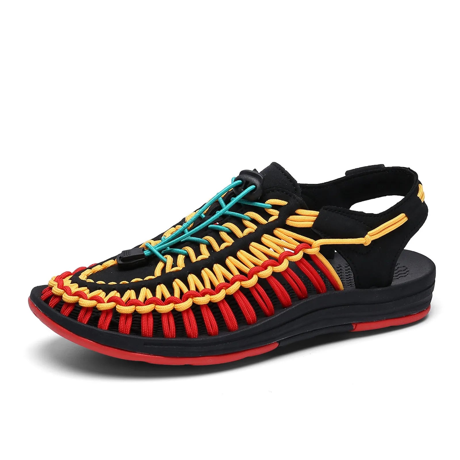 Woven sandals with elastic drawstring tie in rainbow colour with rubber sole