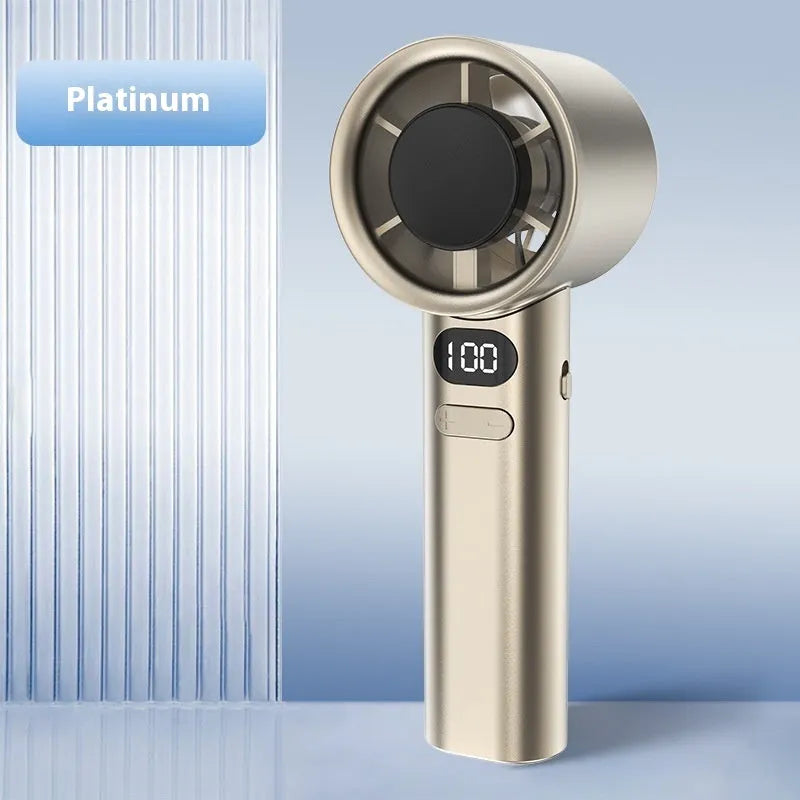 Handheld USB fan showing 120-speed control, brushless motor, and available in green, khaki, silver, or white colours