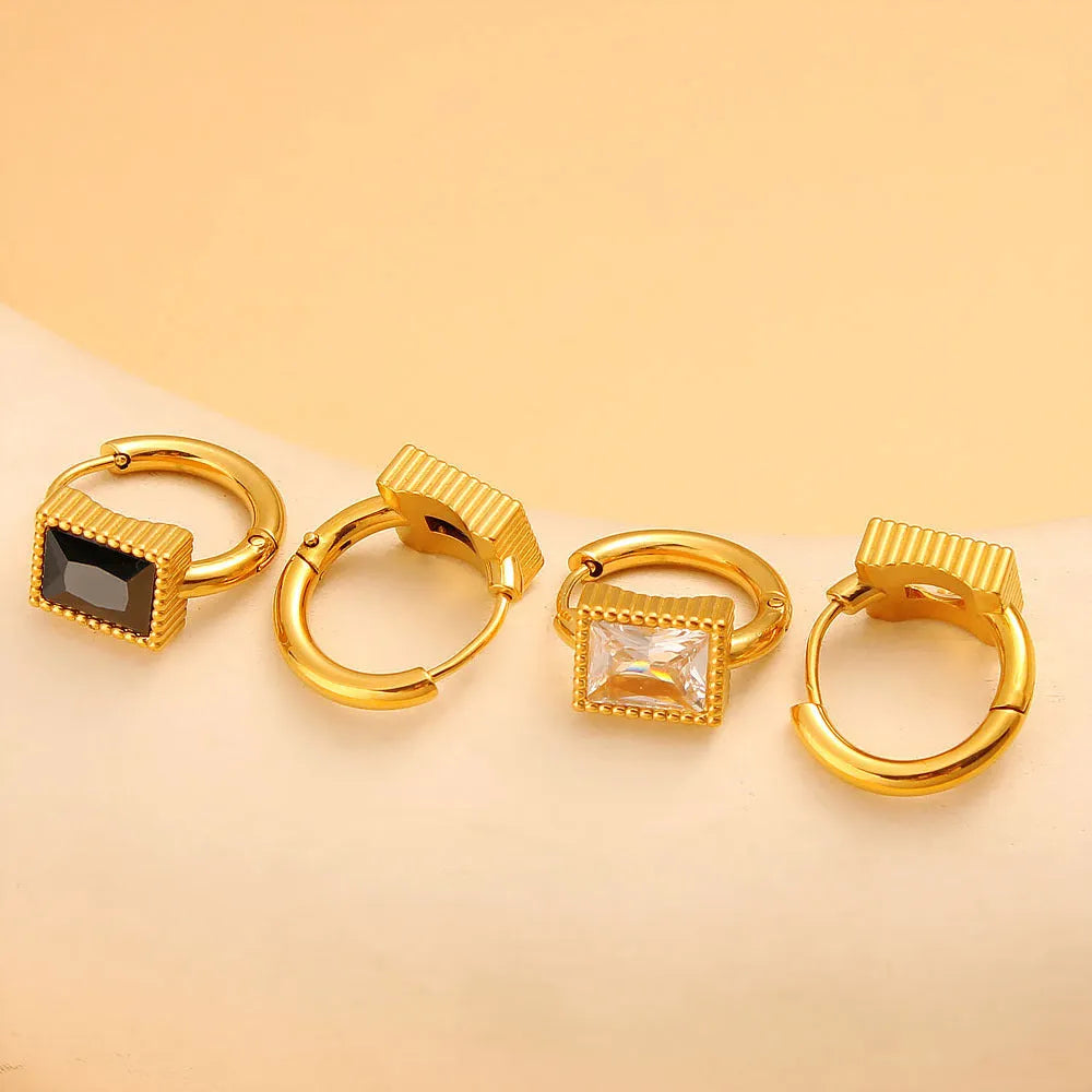 Square zircon stainless steel earrings with geometric design in white, black or green colours