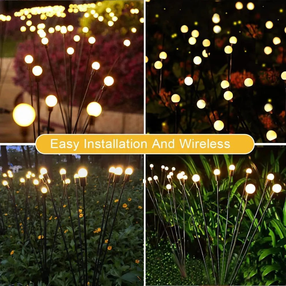Solar-powered LED firefly ground lamp with multiple light heads for garden pathway illumination
