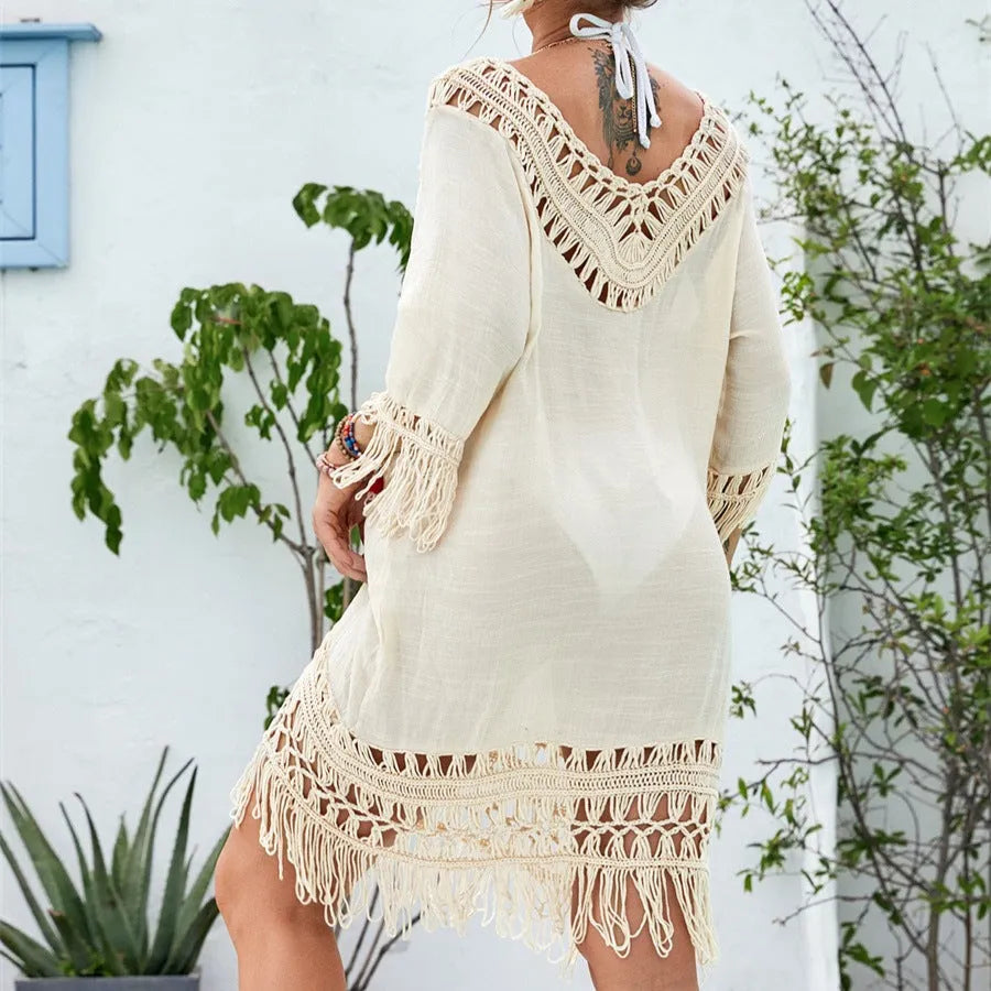 Women's apricot crocheted patchwork beach dress with half sleeves and mid-length skirt