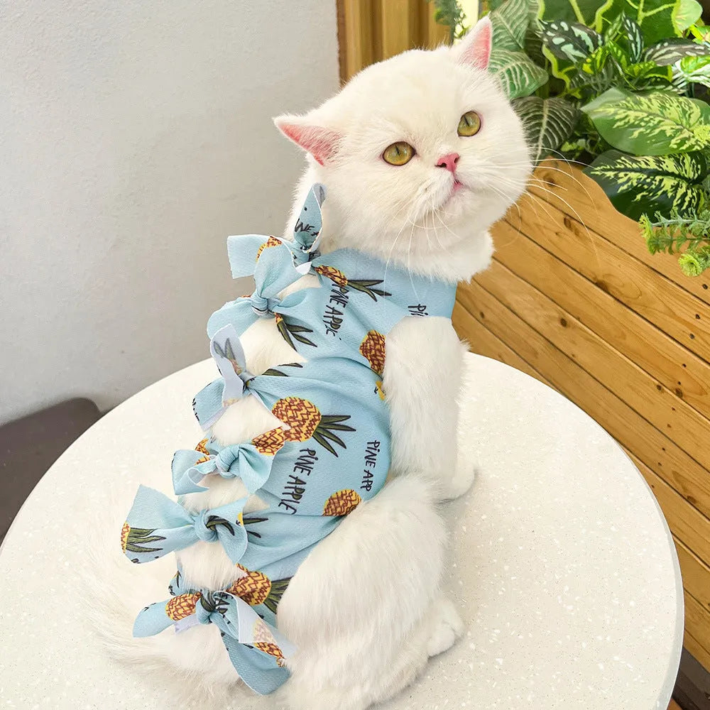 Lace-up polyester cat sterilisation recovery suit in assorted colours on a size chart