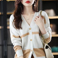 Women's striped V-neck knitted cardigan with 3D pattern in camel colour.