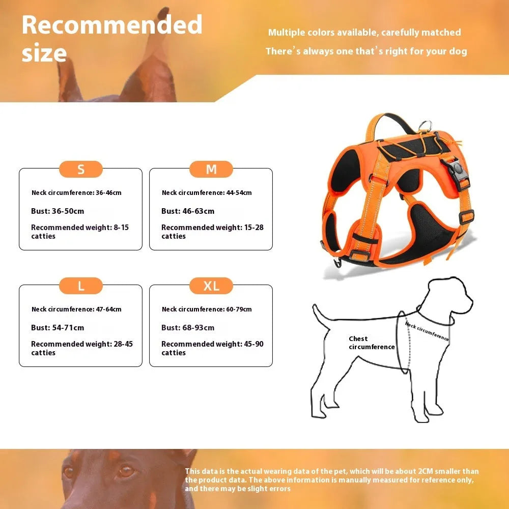 Reflective explosion-proof dog harness vest with hand-holding rope in orange, black, navy blue, brown, or dark purple colour options