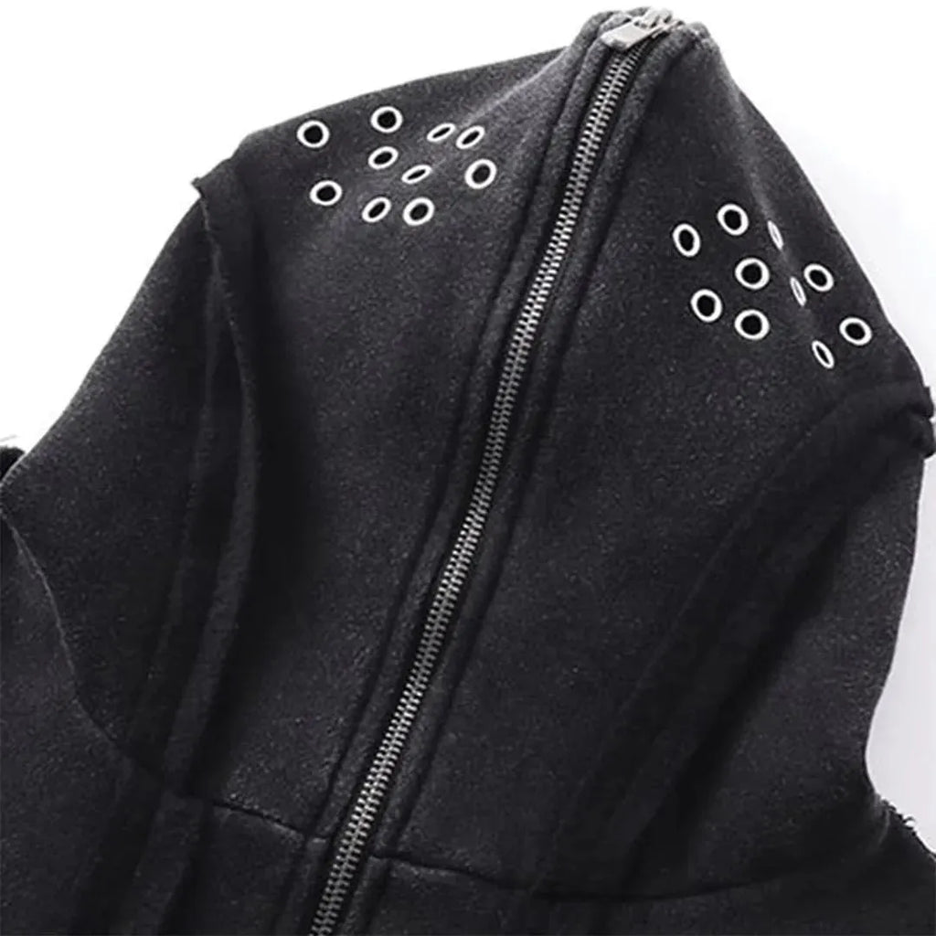 Black men's loose fit cotton padded hooded coat with zip front and abstract pattern