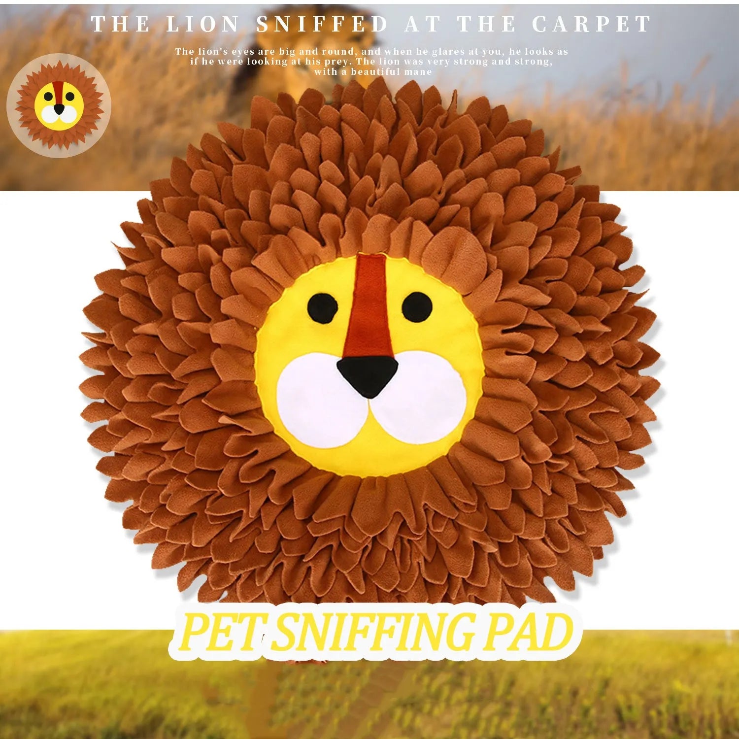 Brown Lion Sniffing Pad for dogs and cats with pockets for food hiding games.
