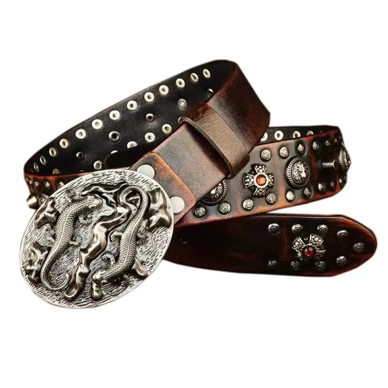 Men's leather belt with punk rivet details in retro colours with alloy buckle