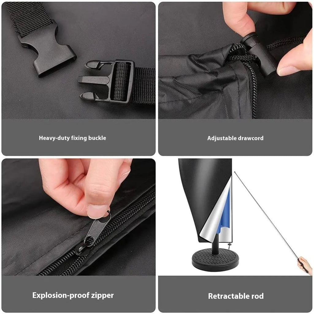 Grey Oxford cloth banana-shaped cover for an offset patio umbrella.