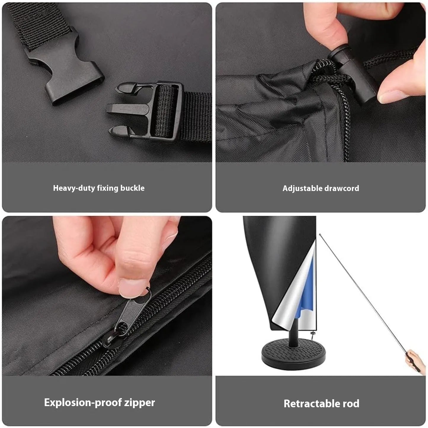 Grey Oxford cloth banana-shaped cover for an offset patio umbrella.