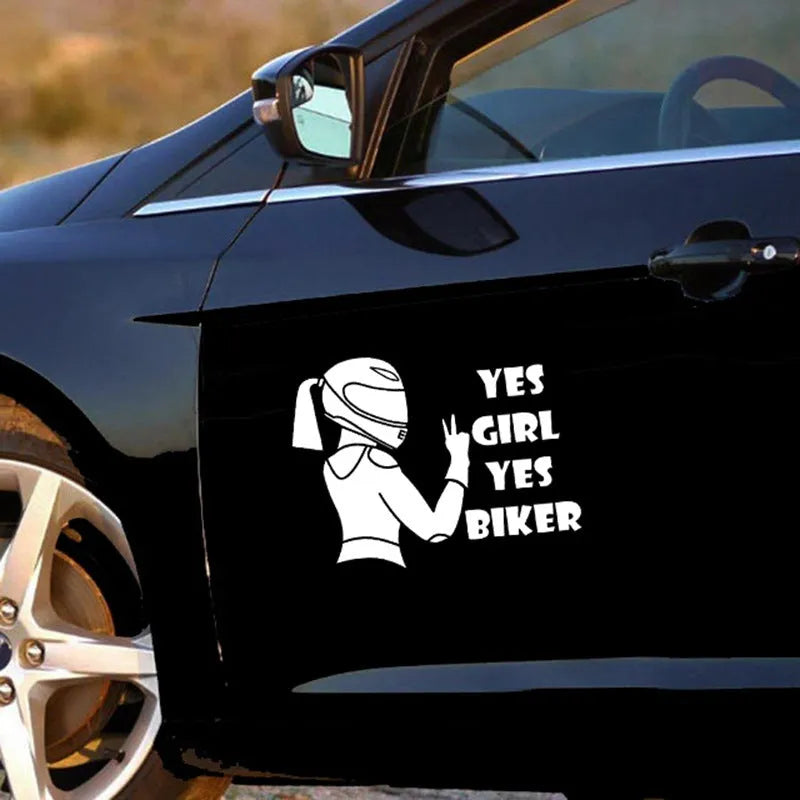 Girl Rider waterproof car sticker measuring 16cm by 15cm in black, white, and laser colours