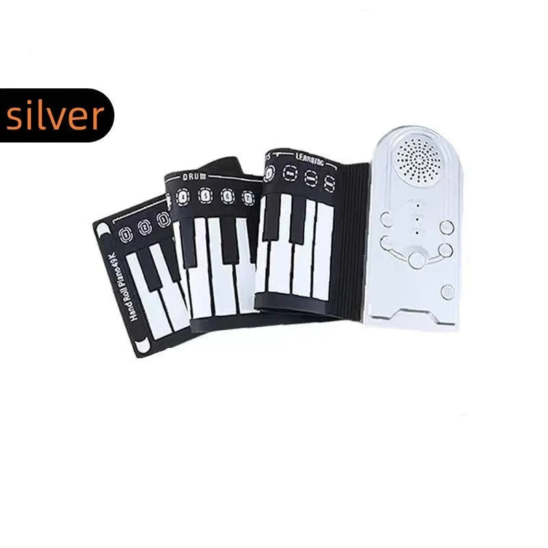 Portable folding electronic keyboard with 49 silicone rubber keys in hand roll design, shown in gloss black finish