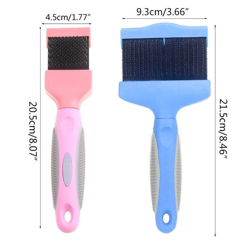 Blue double-sided dog grooming brush with stainless steel pins and ergonomic non-slip handle on a white background.