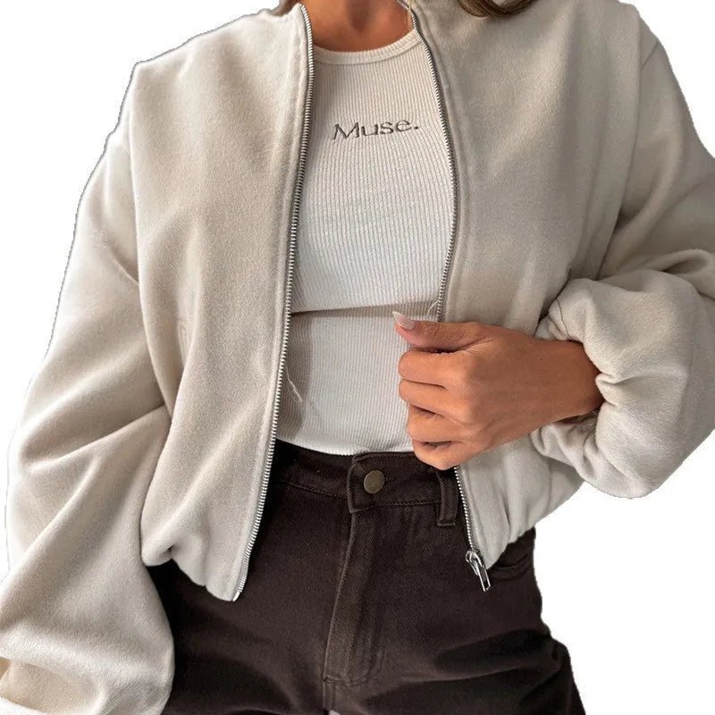 Women's off-shoulder short coat with lantern sleeves in brown casual wear