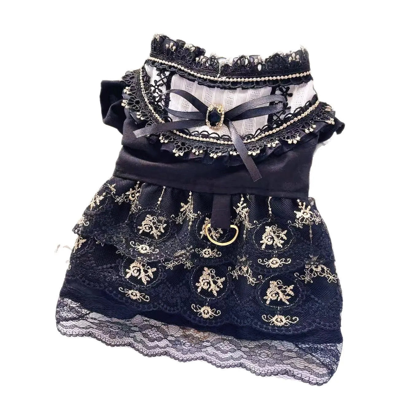 Golden gothic princess-style dress for a small dog or cat on a mannequin.