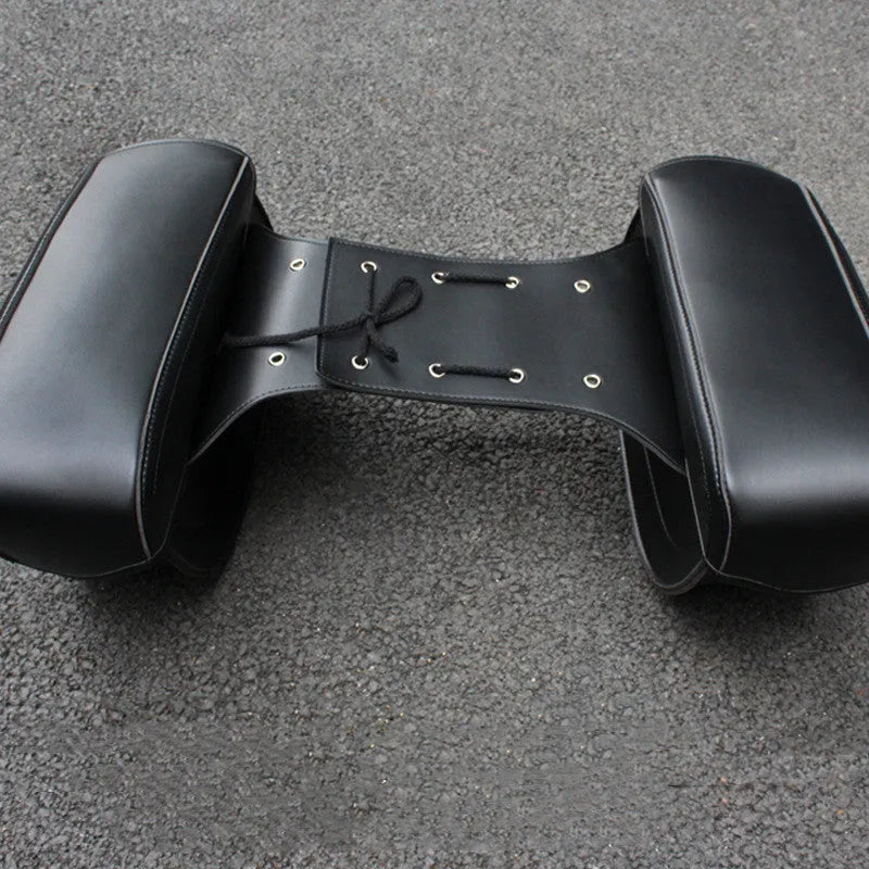 Retro-style black PU leather motorcycle saddle bag side box mounted on a bike