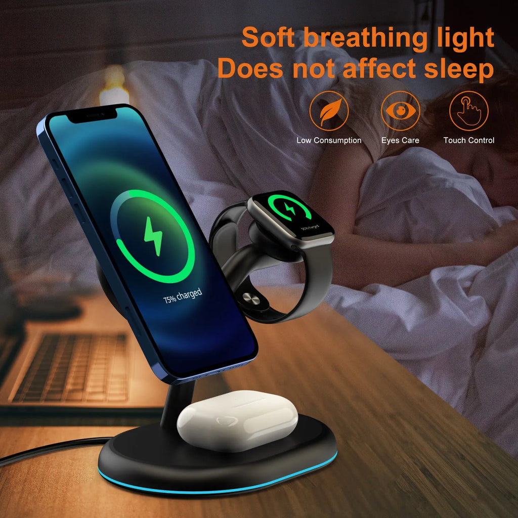 Black three-in-one magnetic wireless charger with ABS plastic construction on desk