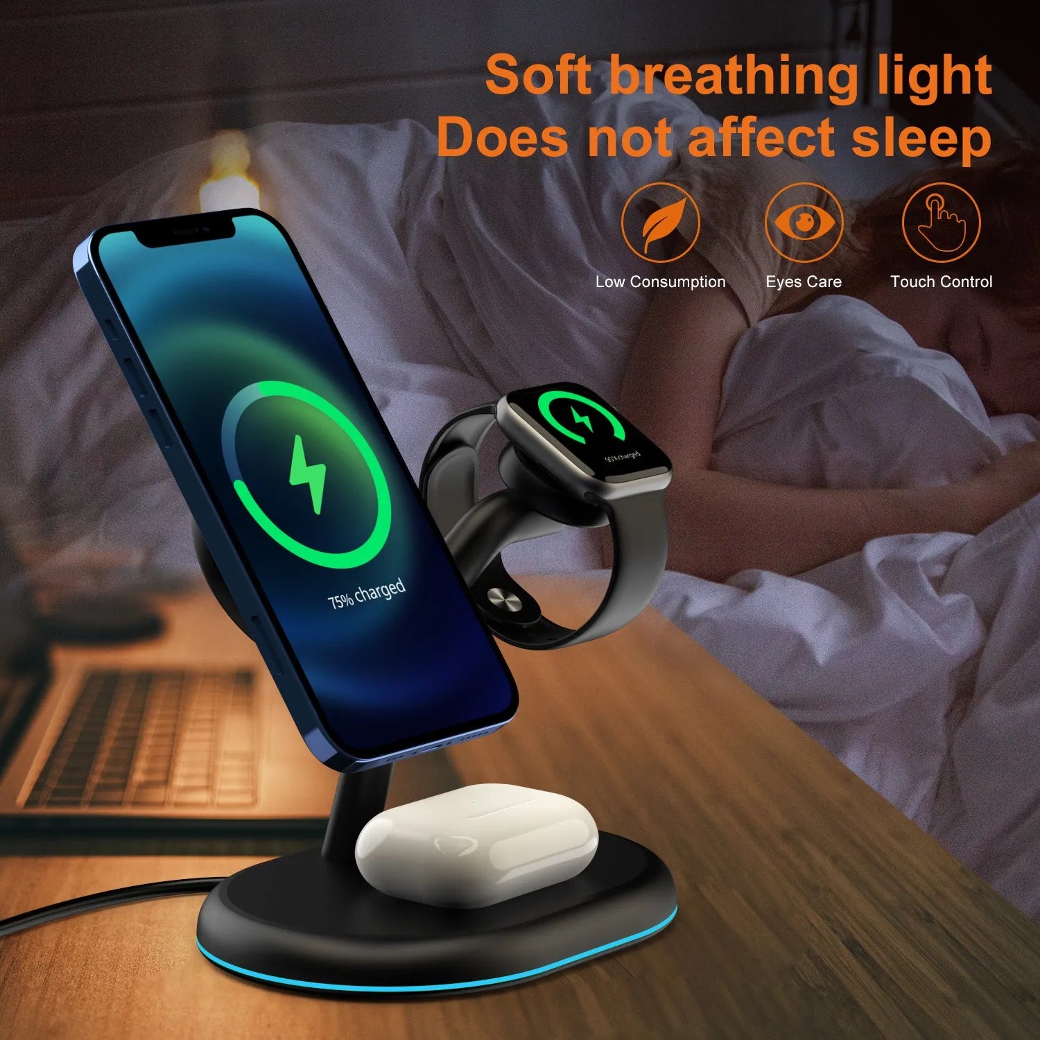 Black three-in-one magnetic wireless charger with ABS plastic construction on desk