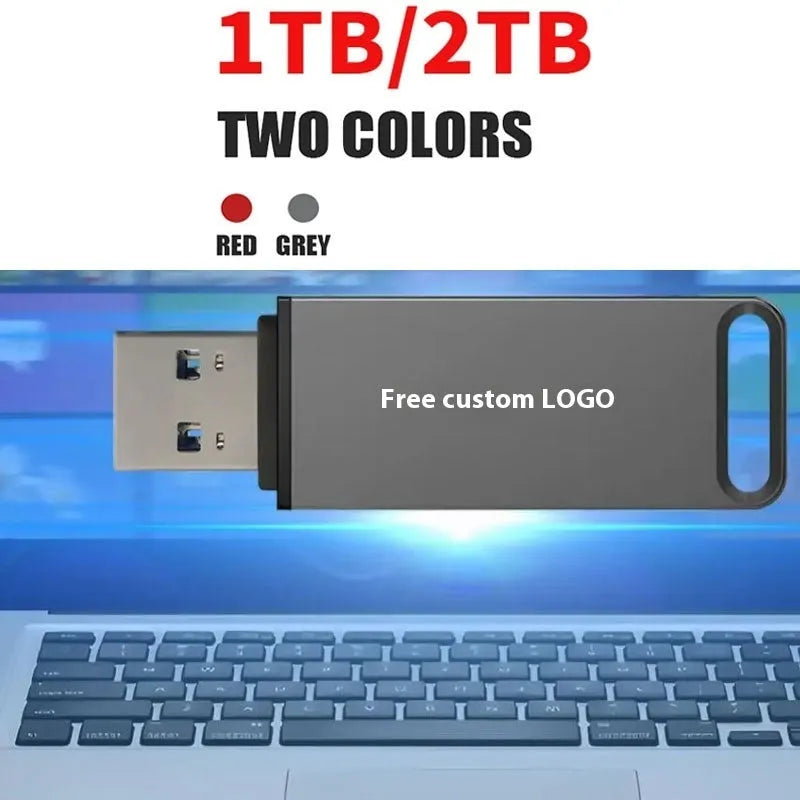 Customisable metal USB flash drive in black, red, or silver showing high capacity options up to 16TB.
