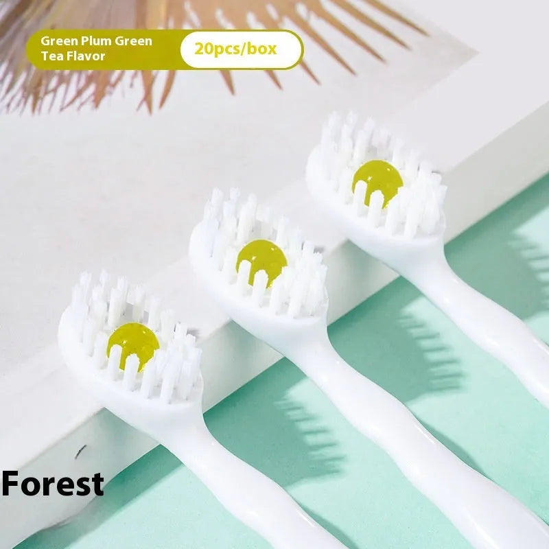 Box of 20 disposable mint flavour bead toothbrushes for portable oral care.