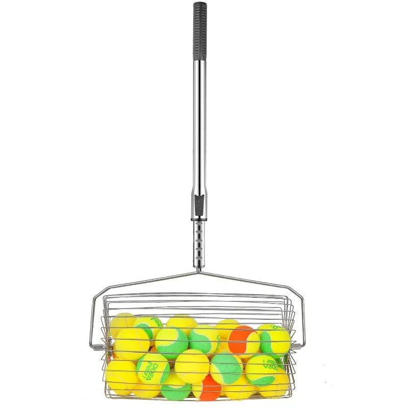 Stainless steel roller tennis ball picker with handle on a court