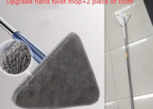 Extendable triangle mop with rotating blue head and stainless steel pole for cleaning corners and walls