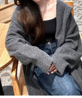 Long grey hooded knitted cardigan for women in casual Korean style
