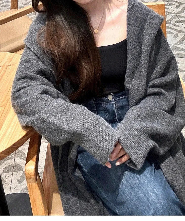 Long grey hooded knitted cardigan for women in casual Korean style