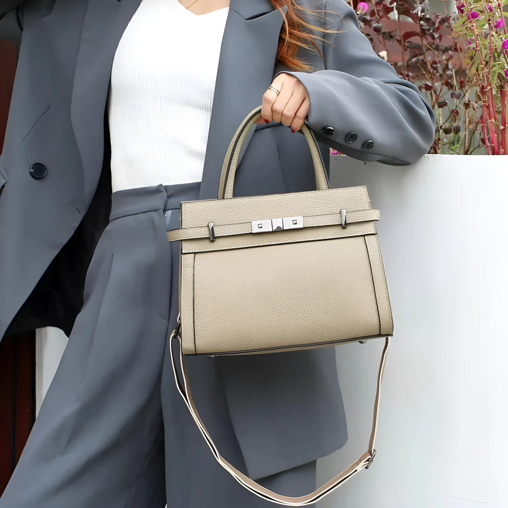 Small square genuine leather shoulder bag with zip compartments in almond green colour