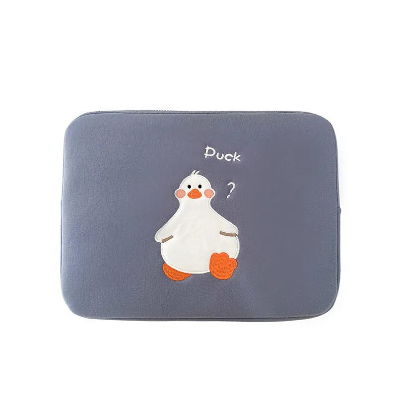 Cartoon cute duck embroidery tablet case with zipper closure in cotton material