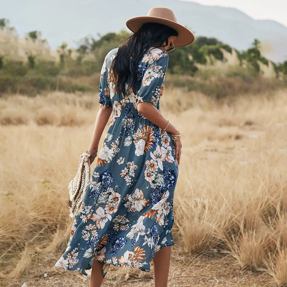 Women's floral print V-neck beach dress with elastic high waist in summer colours