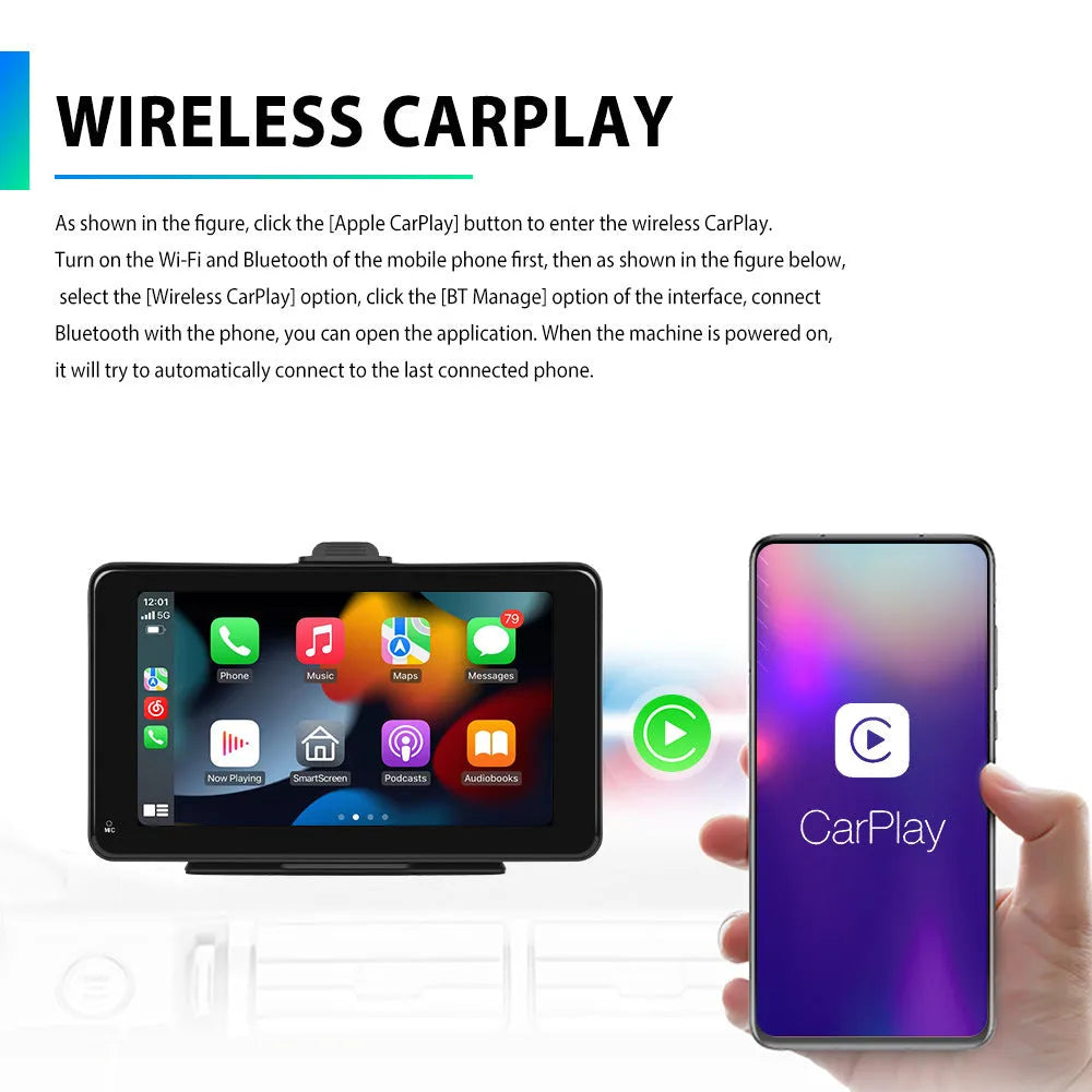 7-inch HD wired car screen player with universal support mounts on black background