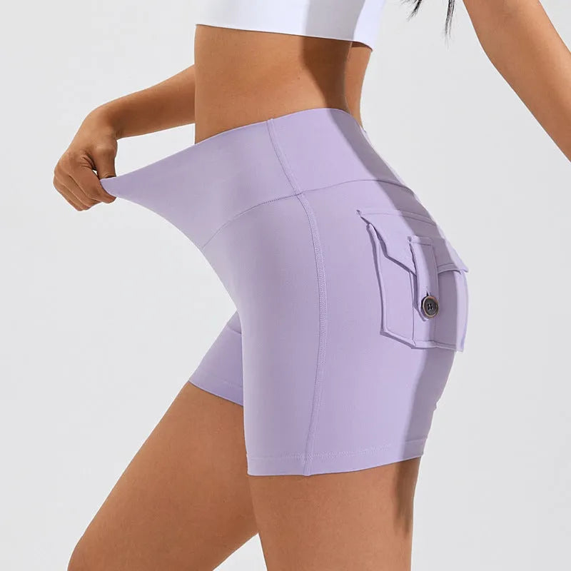 Women's high waist fitness shorts with side pockets in quick-dry nylon fabric