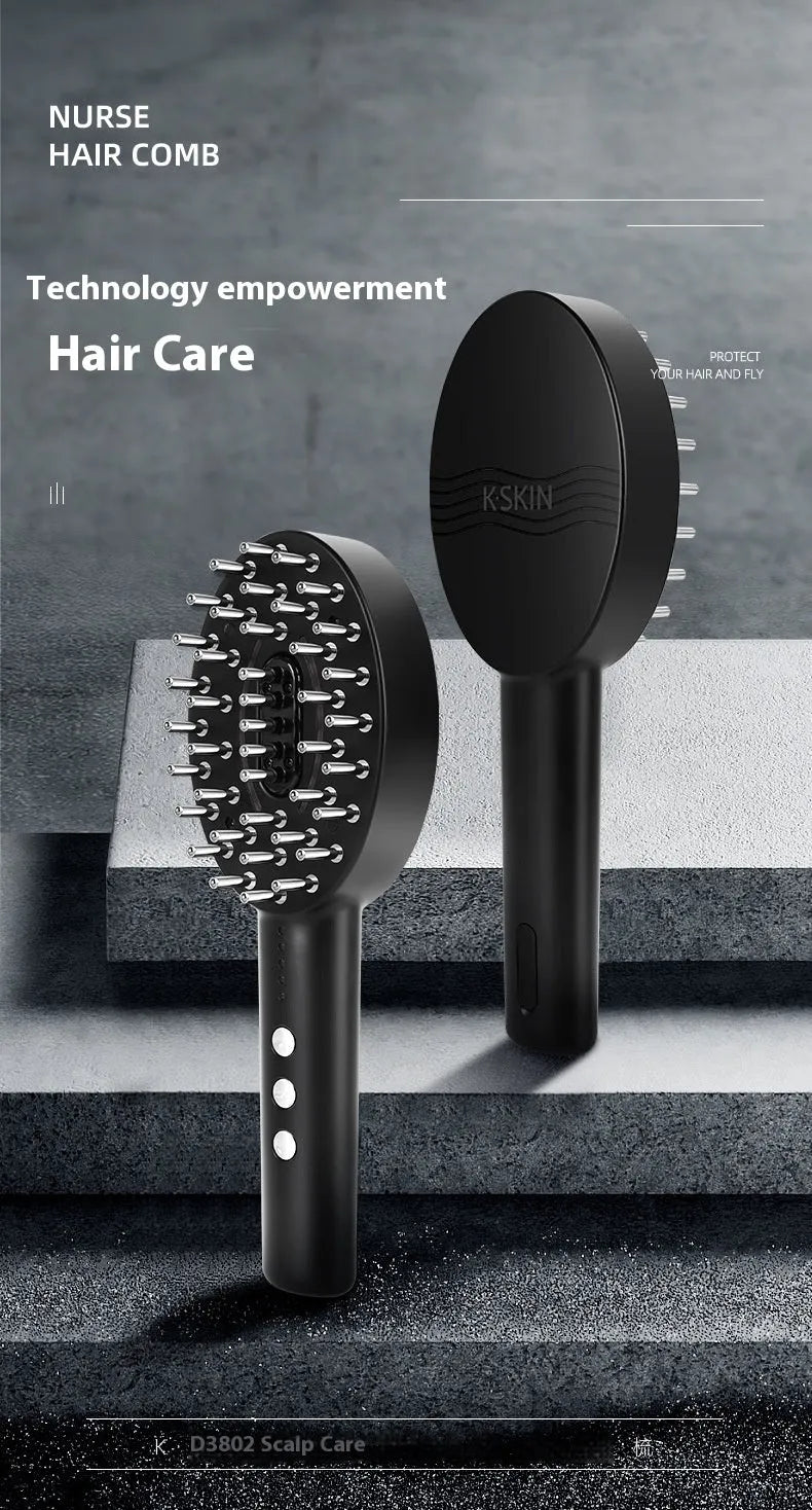KD3802 Black handheld scalp vibration massage device with charging cable on a white background.