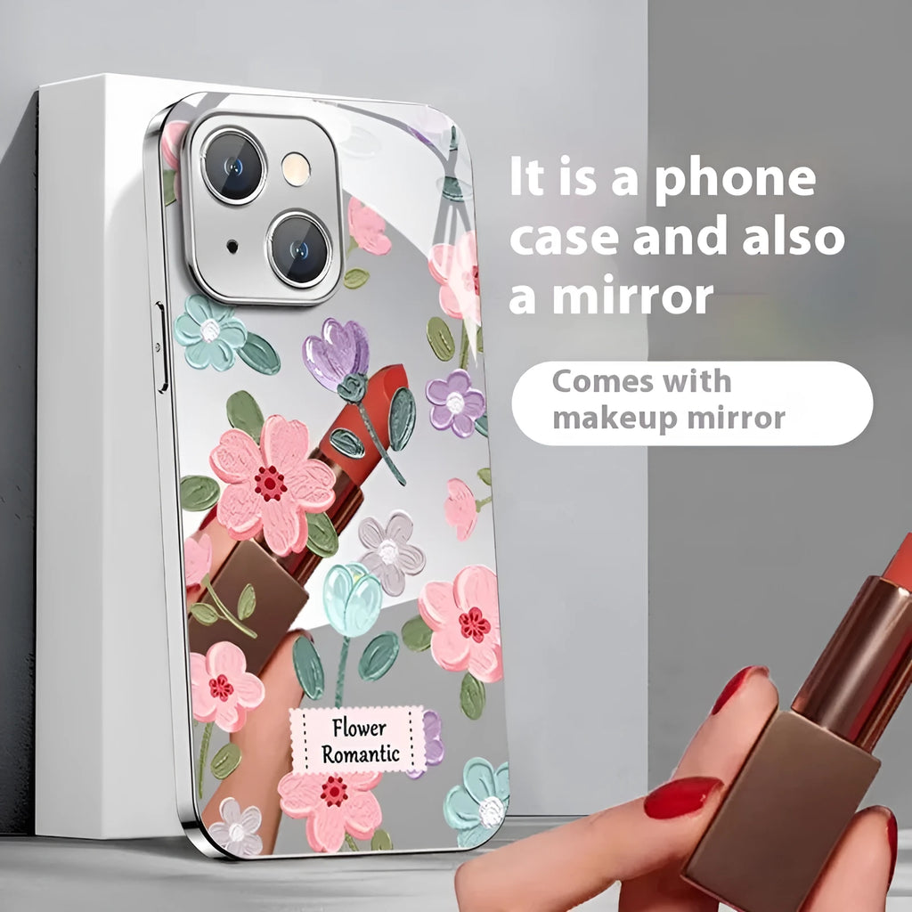 Silver grey electroplated mirror phone case with oil painting flower print on a glass back