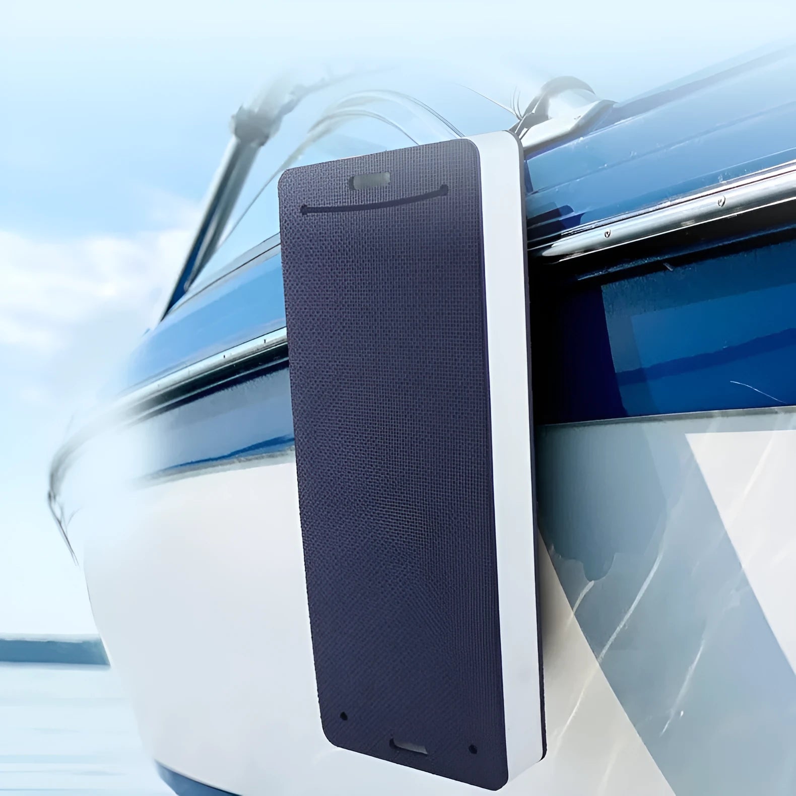 Blue EVA boat fender showing rectangular shape and textured surface for marine docking protection
