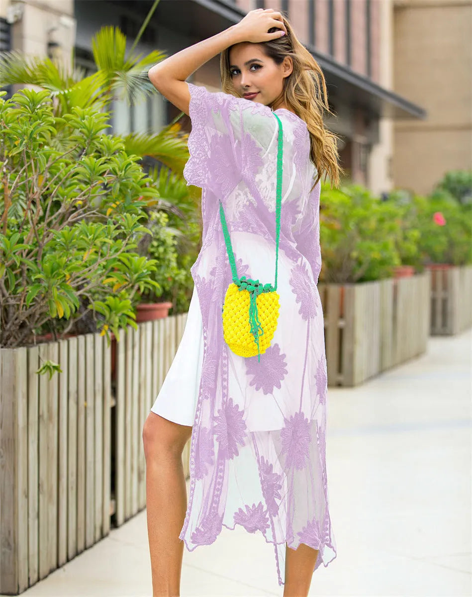 Light purple women's beach dress cardigan with lace embroidery detail.