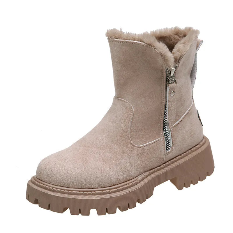 Women's black high-top snow boots with side zipper and round toe, made from cow suede.