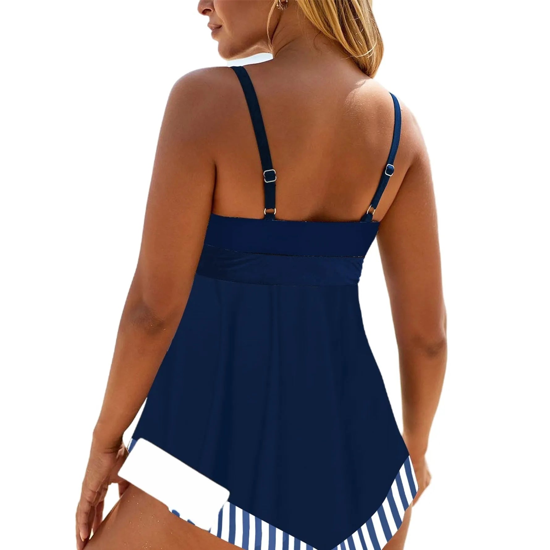 Plus size green polyester two-piece bikini swimsuit on a mannequin