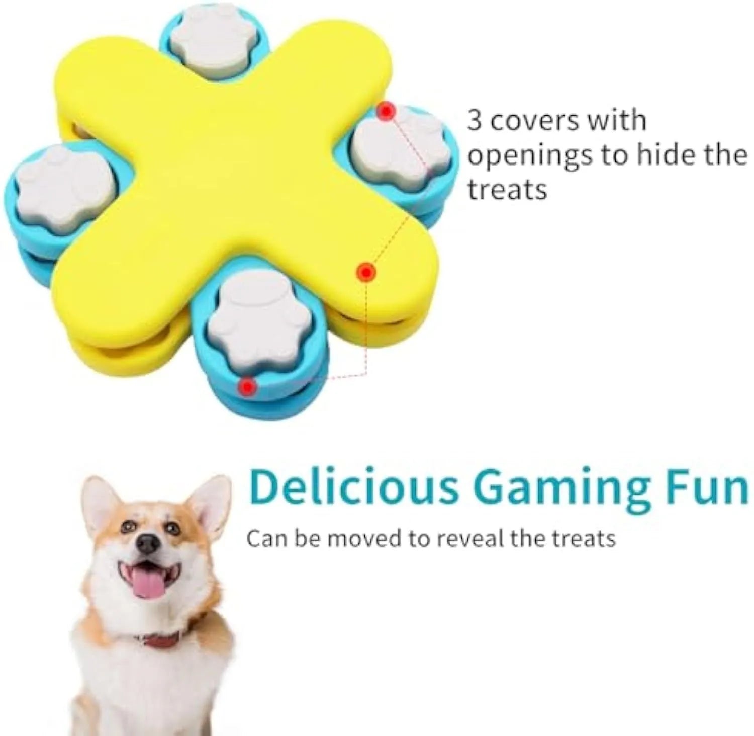 Yellow three-layer rotating dog puzzle feeder toy with claw-shaped lids on a non-slip base.