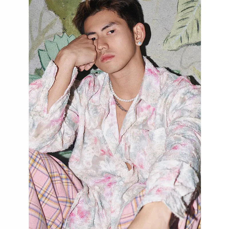 Blue floral long sleeve shirt with embossed pattern and loose fit